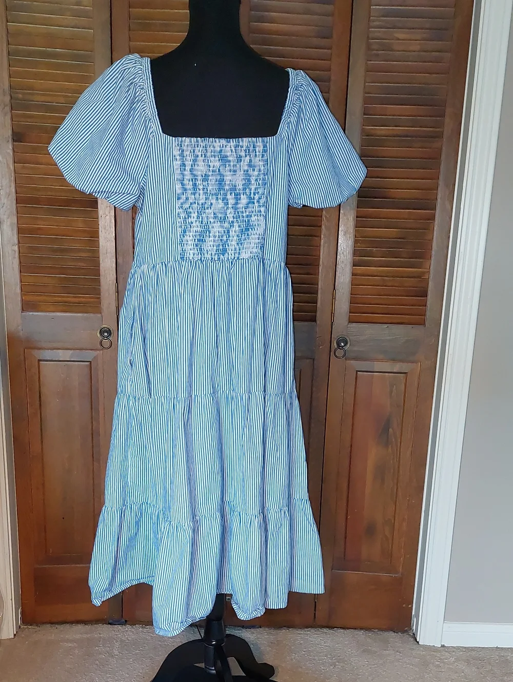 J.Crew Blue White Striped Tiered Puff Sleeve Midi Dress Sz 18